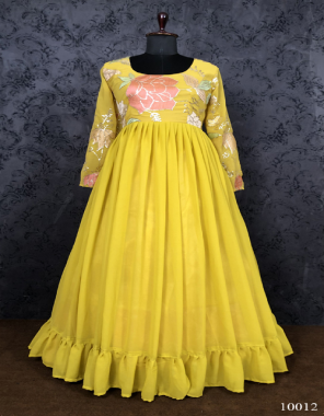 yellow blooming georgette | work - rich embroidery and thread work ( front and back side work ) | chest - 40 inch ( user can alter up to 42 inch ) | waist - 38 stitching | type - stitched with frill and back side dori gown | length - up to 56 inch | sleeves length - 22 inch ( full sleeves ) | flair - 4 meter | inner - cotton fabric embroidery work festive 