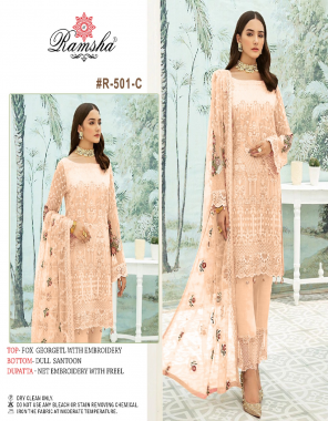peach top - fox georgette with embroidery | bottom - dull santoon | dupatta - net embroidery with freel [ pakistani copy ] fabric embroidery work running 