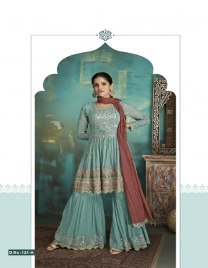 sky blue top - faux georgette | bottom - georgette | dupatta - chinon and georgette [ master copy ] fabric embroidery work festive 