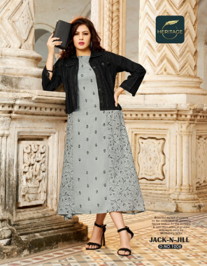 grey rayon kurta + denim jacket | length - 46 fabric printed work casual 
