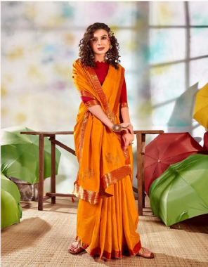 orange vichitra silk fabric fancy work work ethnic 