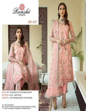 peach top - georgette heavy embroidery | bottom - dull santoon | dupatta - net embroidery with freel [ pakistani copy ] fabric heavy embroidery work casual 