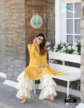 yellow top - jam silk cotton uniq print | bottom - sarara stitched with embroidery | dupatta - najnin fabric printed work party wear 