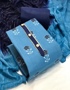 sky blue top - slub cotton with print ( 2 m) | bottom - heavy indo cotton ( 2 m) | dupatta - cotton silk with zari ( 2 m) fabric printed work festive 
