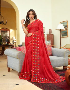 red chiffon fabric printed work party wear 