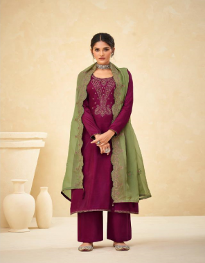 maroon top - premium tussar silk | bottom - jam satin | dupatta - pure organza with embroidery fabric embroidery work party wear 