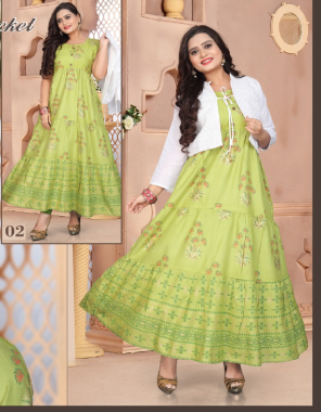 parrot green rayon 14 kg | jacket - white cotton chikan | length - 48 | ghera - 60 fabric printed work ethnic 