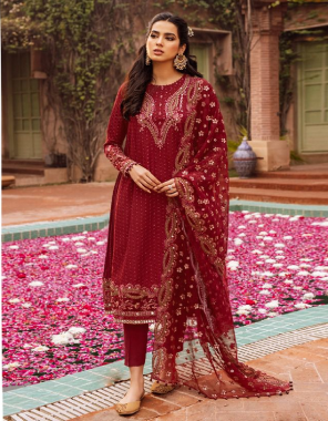 maroon top - georgette embroidered | dupatta - net embroidered with slace | bottom - santoon with embroidered payal bunches | inner - santoon [pakistani copy ] fabric embroidery work party wear 