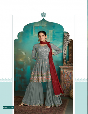 blue top - heavy fox georgette with embroidery work with foil work with mirror | length - max up to 37 | size - max up to 46 | plazzo - heavy fox georgette with embroidery work with foil work plazzo inner attached with full stitching | length - max up to 42 | size - max up to 44 | sleeves - heavy fox georgette with embroidery work  with foil work | inner - heavy santoon | dupatta - heavy chinon with embroidery less with stone [ master copy ] fabric embroidery work party wear 