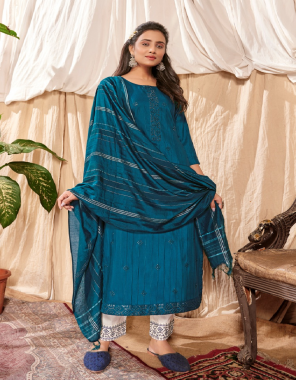 blue top - fancy cotton weaving stripe with embroidery & stylish pattern | pant - pure cotton stitched pant with embroidery & pocket | dupatta - pure naylon with weaving jari pattern  fabric embroidery work party wear 