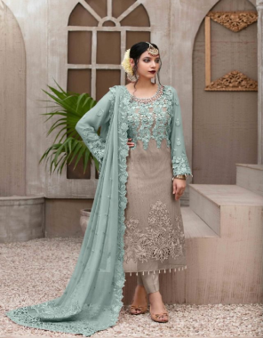 sky blue top - georgette embroidered | dupatta - nazmeen embroidered with brodered pech | bottom - santoon with embroidered payal bunches | inner - santoon [ pakistani copy ] fabric embroidery work party wear 