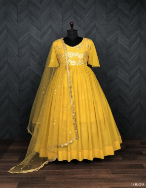 yellow faux blooming parralel threadwork with sandwich sequins & multi work | size - free size full stitch 40 inch ( alter upto 44 inch )| length - up to 56 inch | flair - 3.5 m | inner - cotton | dupatta - soft net fabric thread work work casual 
