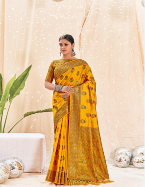 yellow naylon khicha jari kasab borders and diamond work with heavy blouse  fabric weaving work party wear 