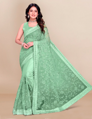 pastal green saree - soft net | blouse - banglory silk fabric embroidery + stone work work festive 