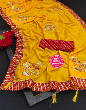 yellow saree - fancy dola silk with bandhani gota patti work | length - 5.50 | blouse - fancy bandhan 0.80 m  fabric gotta patti work + bandhani printed work festive 