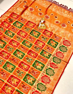 orange saree - soft handloom style ikkat patola with weaving gold jari | blouse - contrast colour with weaving and weaving belt border fabric gold jari work ethnic 