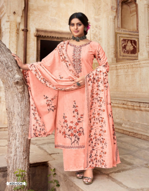 peach top - pure cotton with elegant embroidery work ( 2.50 m) | dupatta - pure mal mal cotton print ( 2.30 m) | bottom - pure cotton salwar ( 3 m approx ) fabric embroidery work casual 