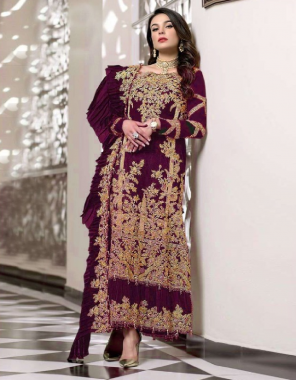 wine top - georgette with fancy embroidery work with fancy less | bottom - santoon | inner - heavy dull santoon | dupatta - net embroidery work with fancy less [ pakistani copy ] fabric heavy embroidered work party wear 
