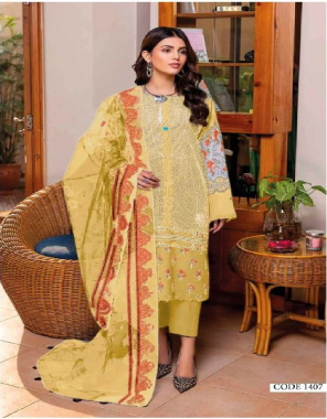 yellow top - pure cotton with embroidery | bottom - cotton soild | dupatta - cotton mal  mal print with two side embroidery [ pakistani copy ] fabric embroidery work festive 