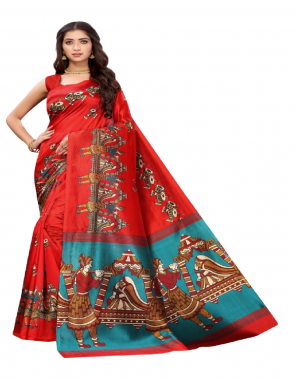 red khadi silk fabric printed work casual 