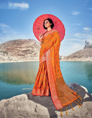 orange banarasi silk fabric jacquard + weaving work casual 