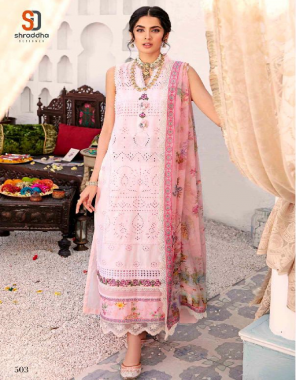 pink top - pure cambric cotton with chicken work and heavy embroidery | bottom - semi lawn 1 design bottom work | dupatta - tabby silk digital printed [ pakistani copy ] fabric heavy embroidery work festive 