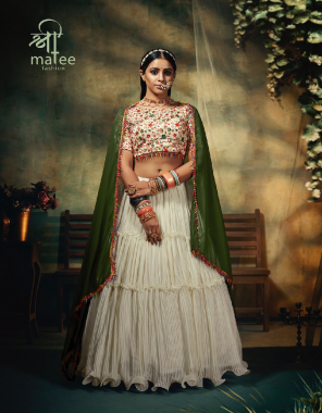white blouse - heavy faux georgette & pure butterfly net | lehenga - heavy fox georgette and crushed plated pettern with heavy quality can can ( 4 m flair ) | dupatta - heavy faux georgette ( cut 2.50 m) | size - chest - 38 | chest - 42 fabric embroidery work festive 