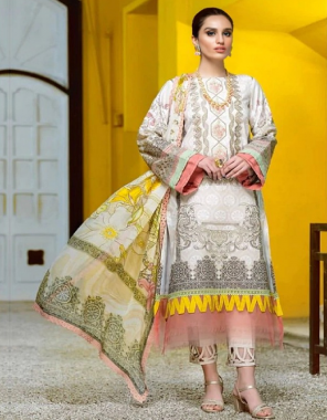 white top - lawn cotton printed with heavy embroidery | bottom - semi lawn embroidery | dupatta - mal mal cotton printed [ pakistani copy ] fabric heavy embroidery work festive 
