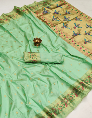 green banarasi silk  fabric jacquard +weaving work casual 