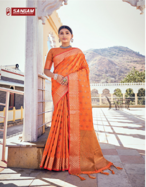 orange banarasi silk fabric jacquard + weaving work ethnic 