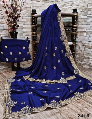 royal blue pure vichitra silk fabric heavy embroidery + fancy border + stone work casual 