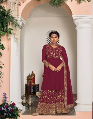 maroon top - faux georgette with heavy chinon with embroidery work | dupatta - foux georgette & chinon with nazmin embroidery work | plazo - faux georgette & heavy chinon with embroidery plazo ( top - semi stitched & bottom full stitched ) fabric embroidery work ethnic 