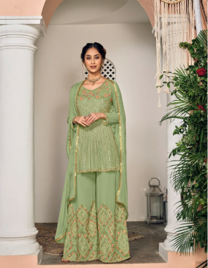 parrot  green top - faux georgette with heavy chinon with embroidery work | dupatta - foux georgette & chinon with nazmin embroidery work | plazo - faux georgette & heavy chinon with embroidery plazo ( top - semi stitched & bottom full stitched ) fabric embroidery work festive 