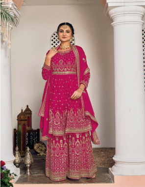 pink top - faux georgette with heavy chinon with embroidery work | dupatta - foux georgette & chinon with nazmin embroidery work | plazo - faux georgette & heavy chinon with embroidery plazo ( top - semi stitched & bottom full stitched ) fabric embroidery work ethnic 