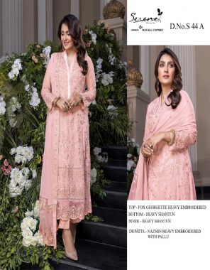 pink top - fox georgette heavy embroidered | bottom + inner - heavy santoon | dupatta - nazneen heavy embroidery [ pakistani copy ] fabric heavy embroidered work festive 