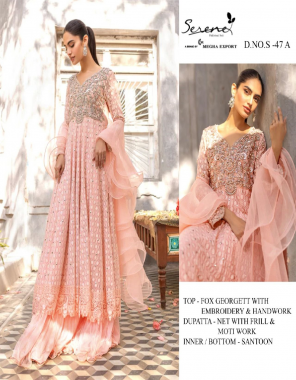 peach top - fox georgette heavy embroidered with handwork in neck | bottom + inner  - heavy shantoon | dupatta - butterfly net with pearl and four side frill lace [ pakistani copy ] fabric heavy embroidered work ethnic 