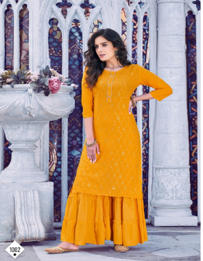 yellow top - rayon 14 kg liva certified with sequance work | sarara - rayon 14 kh liva certified | length - 42 fabric sequance work casual 