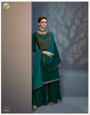 rama green kurti - embroidered silk georgette with inner | dupatta - chinnon dupatta with diamond work & side jacquard border | bottom - silk georgette sharara with inner  fabric embroidery work casual 