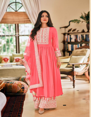 pink top - pure georgette with embroidery work | dupatta - heavy net with four side embroidery work | plazo - pure georgette with heavy embroidery ( free size xl with extra margin up to 46 ) fabric embroidery  work casual 