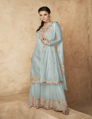 sky blue top - heavy fox georgette with embroidery work with sequance ( semi stitched ) | length - max up to 41 | size - max up to 56 | plazzo - heavy fox georgette with embroidery work with inner attached with full stitching | length - max up to 46 | size - max up to 42 | sleeves - heavy fox georgette with embroidery work [ master copy ] fabric heavy embroidery  work casual 