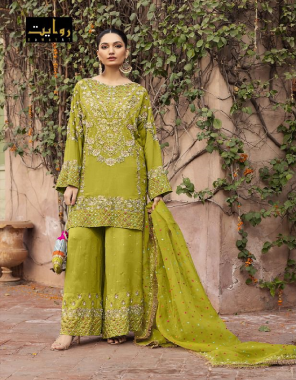 parrot green top - faux georgette with embroidery | inner / bottom- dull santoon | dupatta - nazmeen chiffon / butterfly net with embroidery [ pakistani copy ] fabric embroidery work casual 