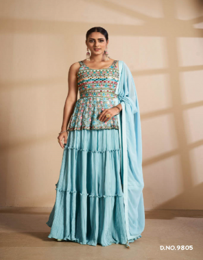 sky blue blouse & lehenga - georgette | dupatta - net | size - l ( 38 ) | xl ( 40) fabric thread & sequance & mirror work casual 