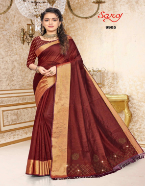 maroon soft cotton with jari border patta and pallu zalar | blouse - brocade silk fabric fancy work work festive 