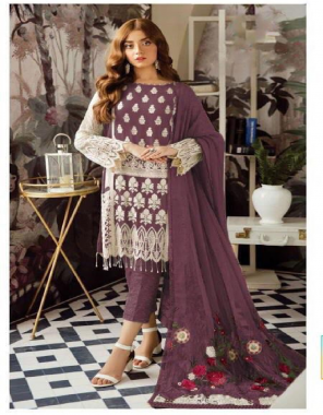 purple top - georgette with embroidery work with stone work | sleeves - georgette with embroidery work with stone work | bottom - santoon | inner - santoon | dupatta- net with multi work | length - max up to 42 | size - max upto free  fabric embroidery work ethnic 