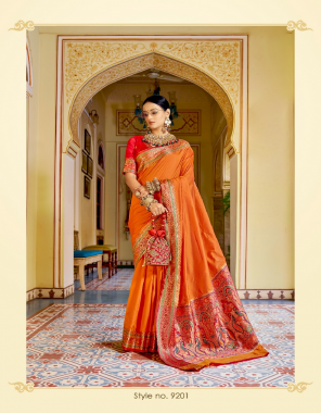 orange soft banarasi plain silk with rich pallu and contrast blouse fabric jacquard work festive 