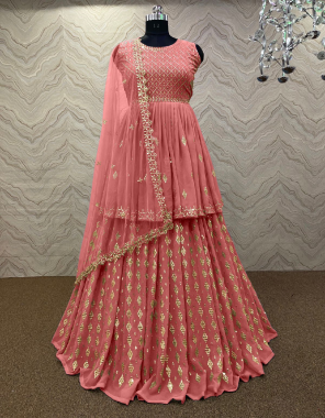 peach lehenga - heavy fox georgette silk - inner - micro cotton | top - heavy fox georgette | sleeves - short plain fabric | inner - micro cotton | dupatta - heavy butterfly net | lehenga - semi stitched - size - up to 44 ( xxl size ) - length - 42 - 42 inch - flair - 3 m | top length - 31 -33 inc | top size - xl stitched with xxl margin  fabric heavy embroidery + sequance work work party wear 