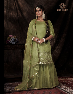 parrot green top - soft net | bottom - soft net | dupatta - soft net | top size- free size fabric sequance + embroidery work casual 