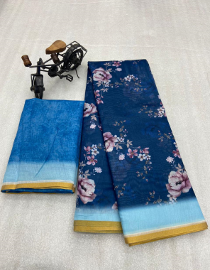 blue cotton linen golden weaving jari patti with digital printed fabric digital printed work festive 