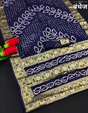 navy blue art silk with zari weaving rich pallu fabric hand bandhej printed work festive 