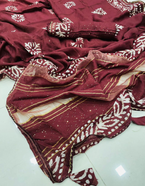 maroon pure soft malmal cotton with lucknowi work  fabric sequance + batik work work festive 